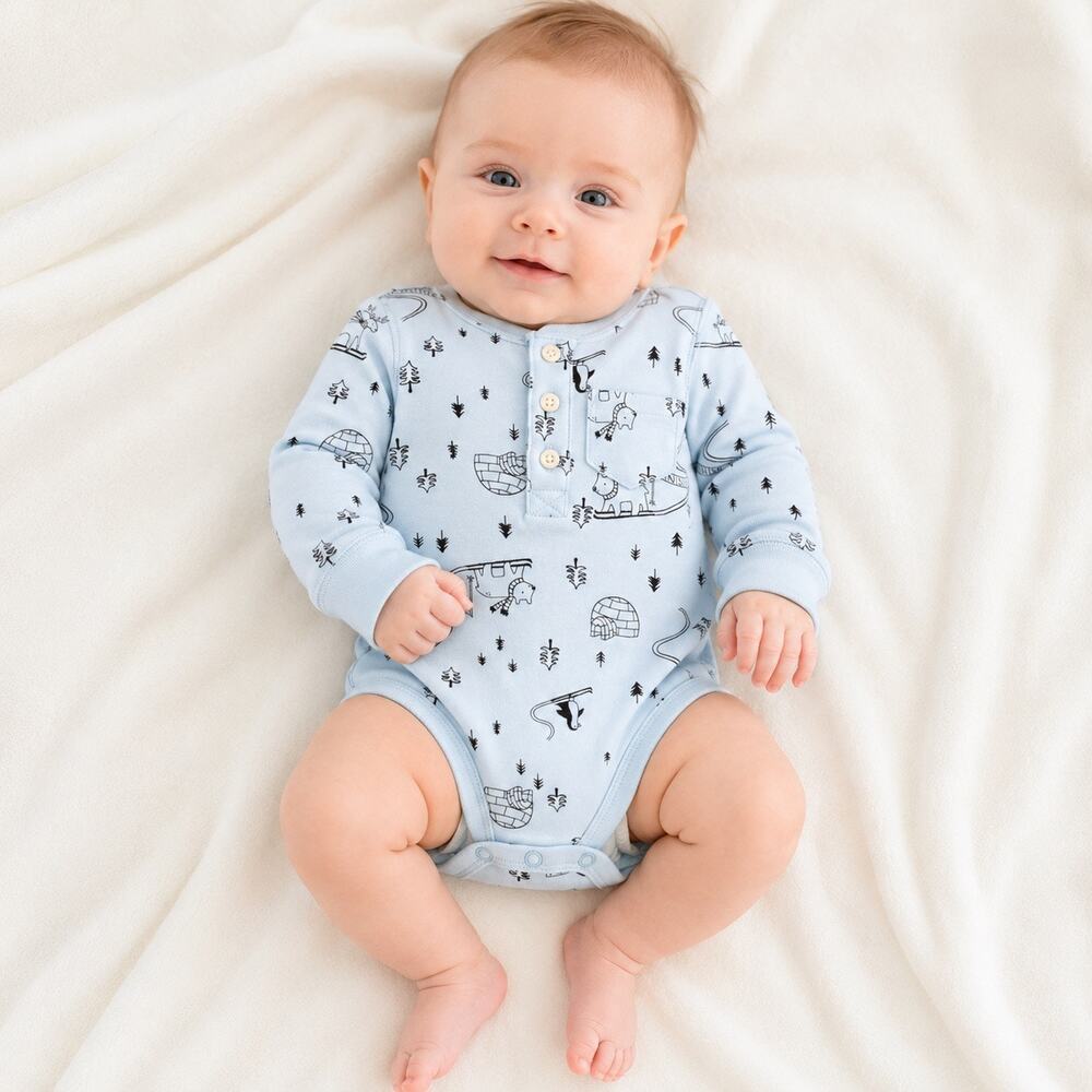Carters Baby Boy Ski Print Bodysuit 3M Blue Winter Cabincore Cozy Classic Cotton